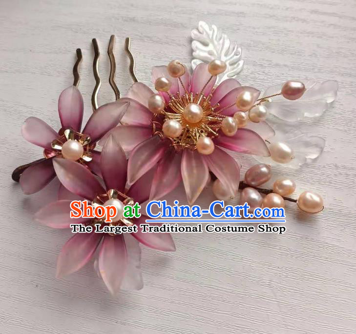 Chinese Ancient Princess Purple Chrysanthemum Hairpin Traditional Ming Dynasty Hanfu Pearls Hair Comb