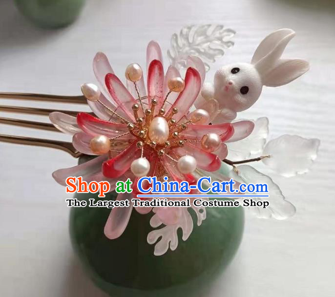 Chinese Ancient Princess Pink Chrysanthemum Hairpin Traditional Ming Dynasty Hanfu Pearls Hair Comb