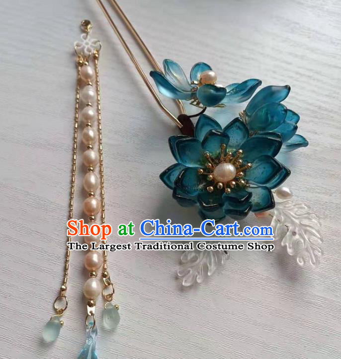 Chinese Ancient Palace Lady Blue Lotus Hairpin Traditional Ming Dynasty Hanfu Pearls Tassel Hair Stick