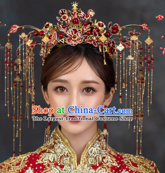 Chinese Xiuhe Suit Bride Hair Crown Classical Red Flowers Phoenix Coronet Traditional Wedding Headdress