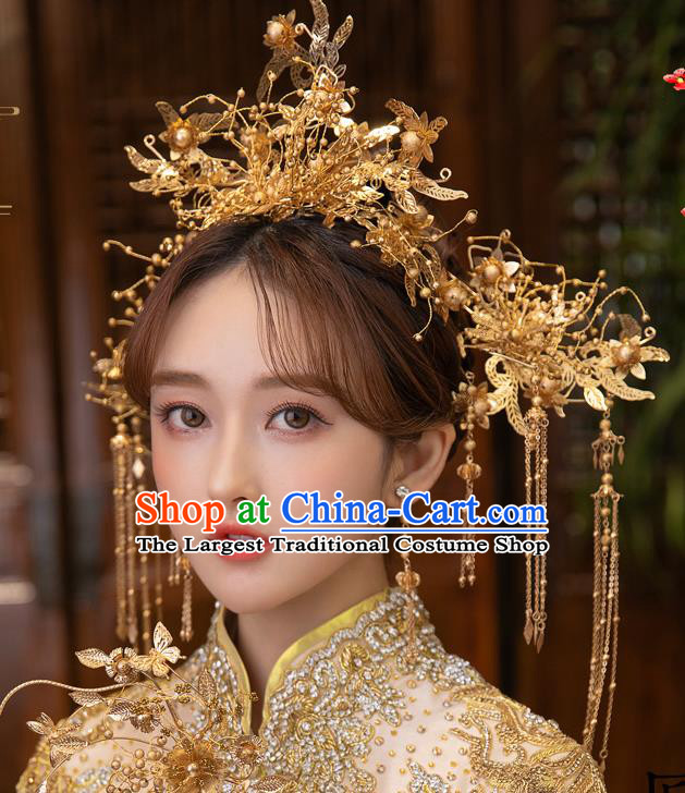 Chinese Classical Golden Leaf Phoenix Coronet Traditional Wedding Headdress Xiuhe Suit Bride Hair Crown