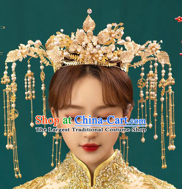 Chinese Classical Bride Tassel Phoenix Coronet Traditional Wedding Headwear Xiuhe Suit Golden Leaf Hair Crown