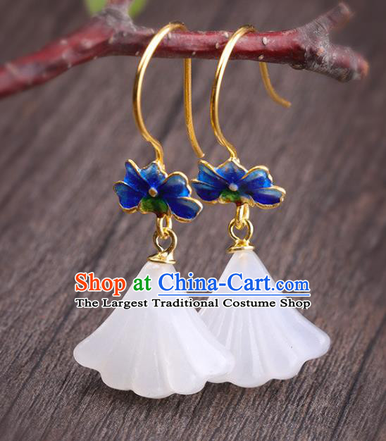 China Handmade Cheongsam Jade Ginkgo Leaf Earrings Traditional Blueing Lotus Ear Accessories