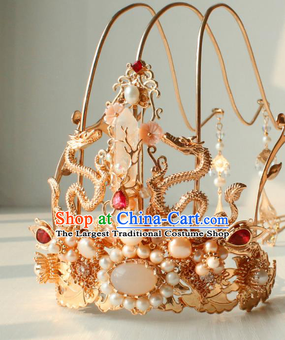 Chinese Ancient Empress Headwear Traditional Hanfu Ming Dynasty Golden Dragons Hair Crown