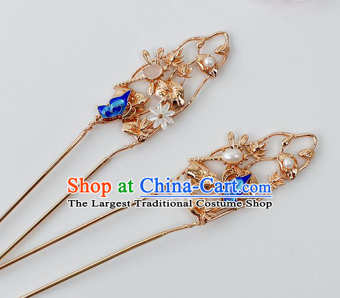 Chinese Ancient Princess Cloisonne Butterfly Hairpin Traditional Hanfu Ming Dynasty Golden Dragonfly Hair Stick