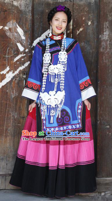 China Yi Nationality Folk Dance Outfits Clothing Traditional Liangshan Ethnic Wedding Bride Costumes and Headpiece