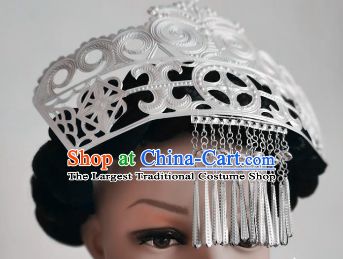 Chinese Liangshan Ethnic Silver Tassel Hair Crown Headwear Traditional Yi Nationality Ceremony Hat