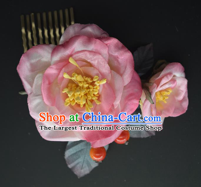 Chinese Traditional Cheongsam Hair Accessories Hanfu Hair Comb Handmade Pink Silk Peony Hairpin