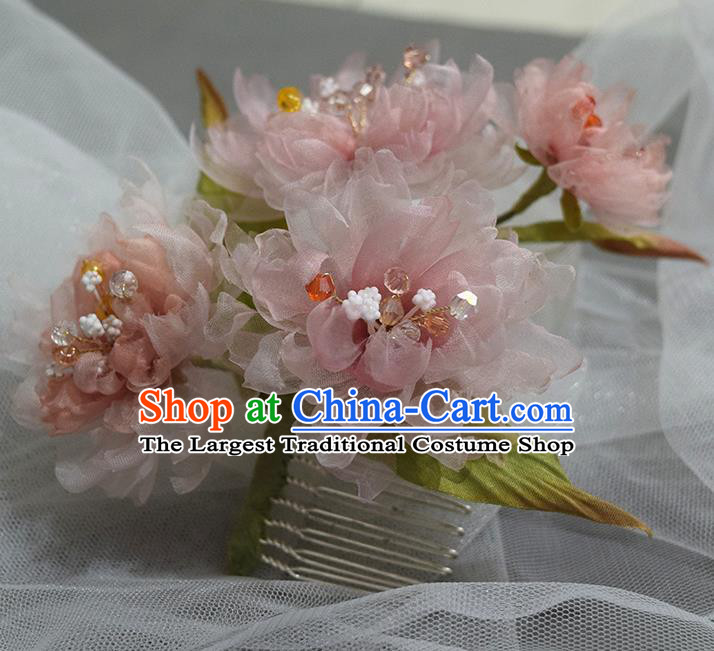 Chinese Traditional Ming Dynasty Hanfu Hair Comb Handmade Ancient Princess Pink Silk Peony Hairpin