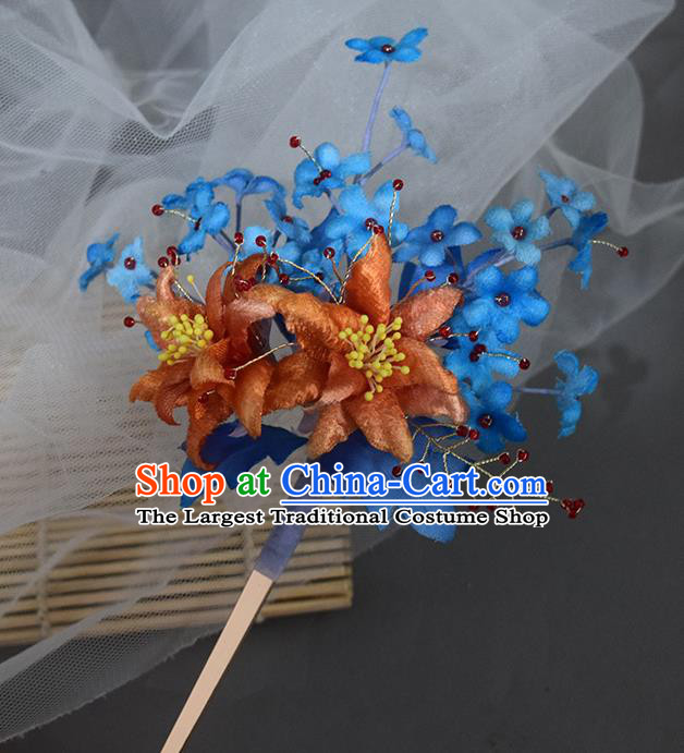 Chinese Handmade Ancient Princess Blue Silk Flowers Hairpin Traditional Ming Dynasty Hair Stick