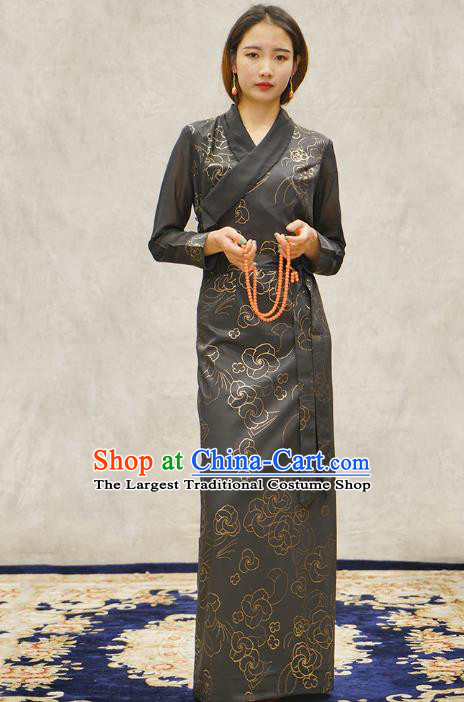 China Zang Nationality Female Informal Clothing Tibetan Ethnic Printing Grey Bola Dress