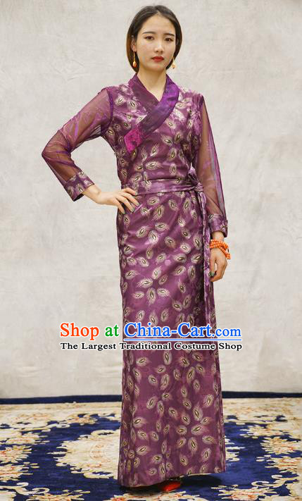 China Zang Nationality Minority Informal Clothing Tibetan Ethnic Printing Feather Purple Bola Dress