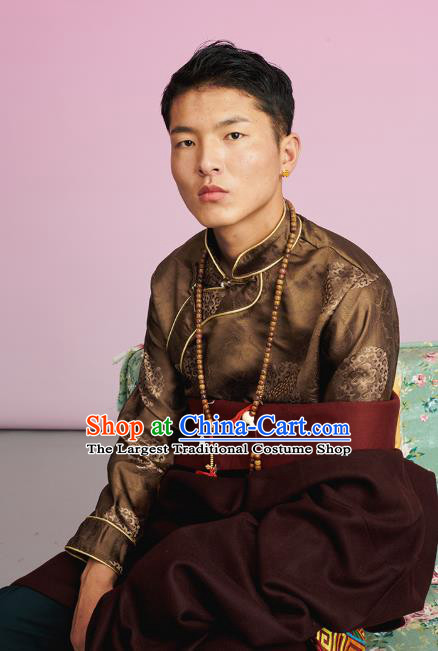 Chinese Zang Nationality Upper Outer Garment Clothing Tibetan Ethnic Male Brown Brocade Shirt