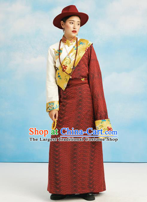 China Zang Nationality Kangba Clothing Tibetan Ethnic Dark Red Robe Costume