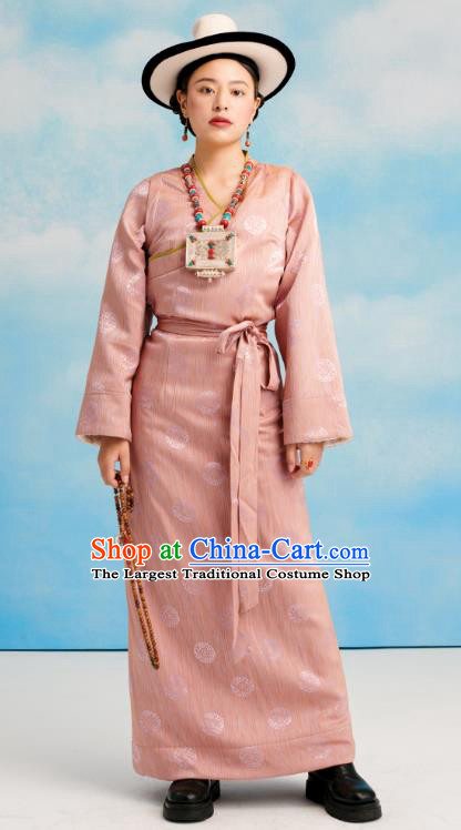 China Zang Nationality Pink Bola Dress Clothing Tibetan Ethnic Folk Dance Costume