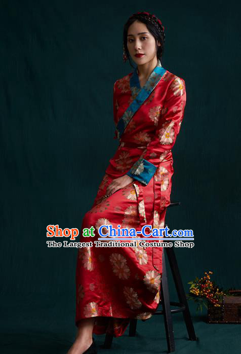 China Tibetan Ethnic Woman Folk Dance Clothing Zang Nationality Red Brocade Bola Dress