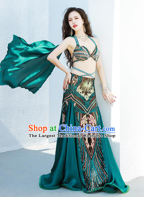 Traditional Oriental Dance Group Dance Clothing Asian Indian Belly Dance Luxury Outfits Bra and Green Skirt