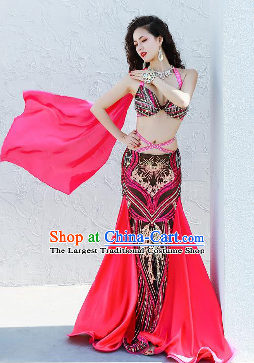 Asian Indian Belly Dance Luxury Outfits Bra and Rosy Skirt Traditional Oriental Dance Group Dance Clothing