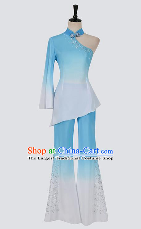 Chinese Folk Dance Blue Outfits Woman Fan Dance Yangko Dance Clothing