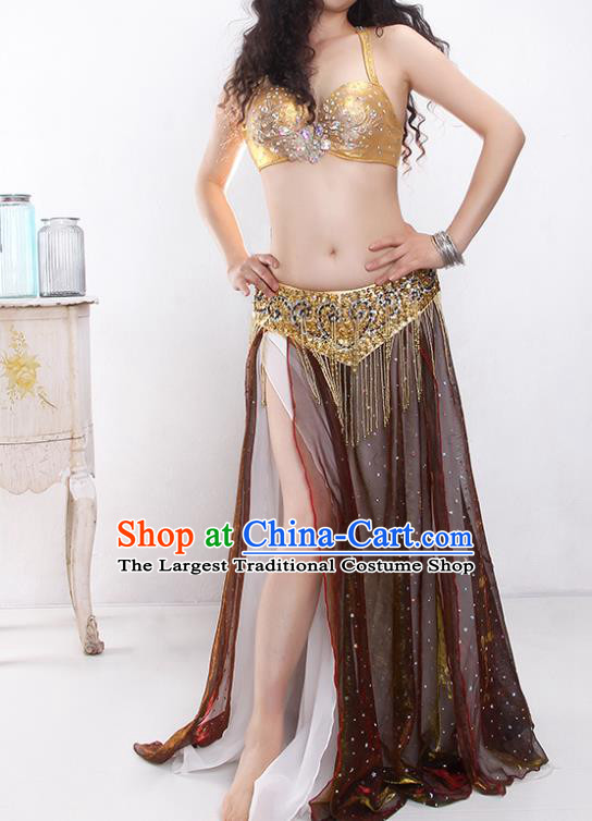 Indian Traditional Belly Dance Performance Outfits Asian Oriental Dance Training Golden Bra and Dark Red Skirt Clothing