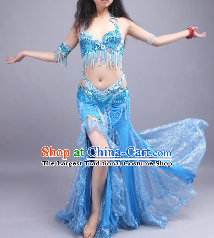 Traditional Indian Raks Sharki Beads Tassel Blue Bra and Skirt Asian India Belly Dance Competition Oriental Dance Costume