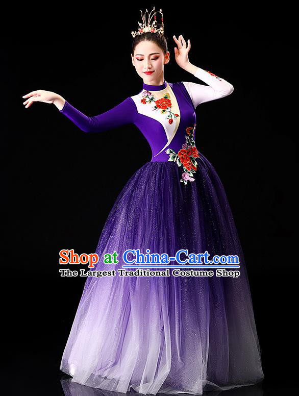 China Chorus Clothing Modern Dance Stage Performance Costume Opening Dance Purple Veil Dress