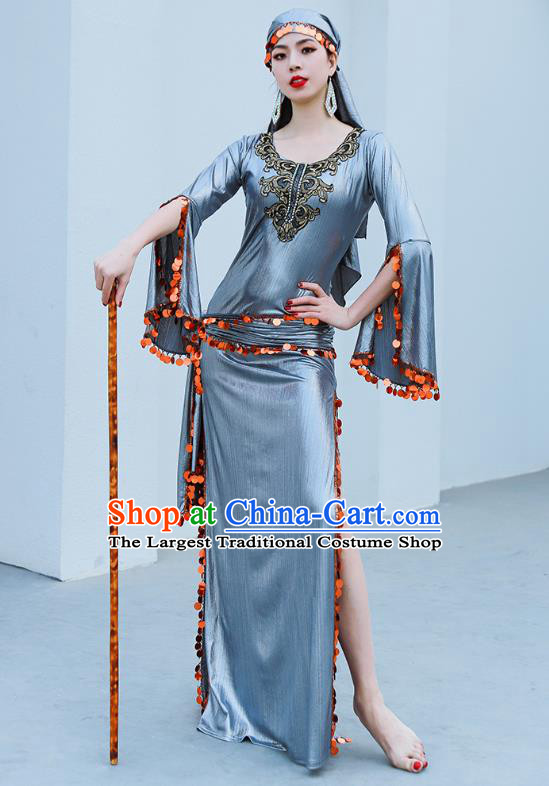 Asian Raks Sharki Belly Dance Stage Performance Costume Indian Traditional Oriental Dance Grey Robe and Headwear