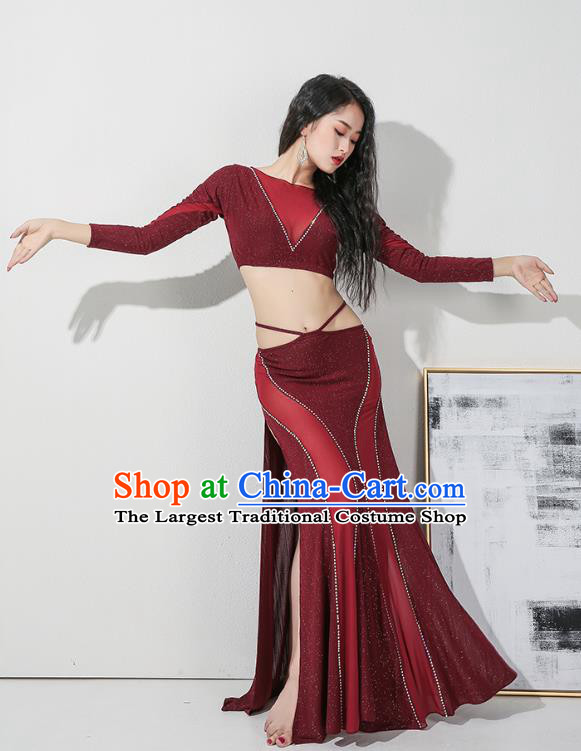 Asian Raks Sharki Oriental Dance Costume Indian Traditional Belly Dance Training Wine Red Uniforms