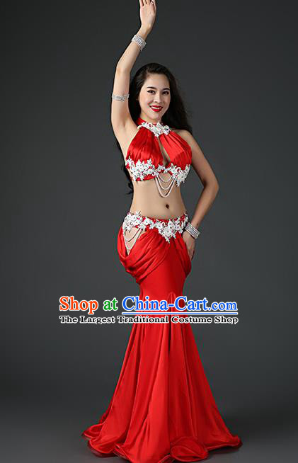 Traditional Indian Belly Dance Sexy Red Outfits Clothing Asian Oriental Dance Bra and Fishtail Skirt