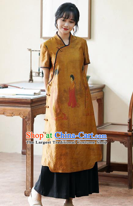 China National Printing Cheongsam Classical Beauty Pattern Ginger Silk Qipao Dress