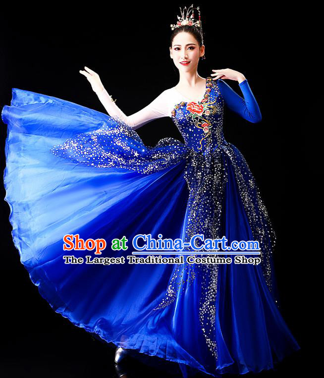 China Chorus Group Costume Spring Festival Gala Opening Dance Royalblue Dress Classical Dance Clothing