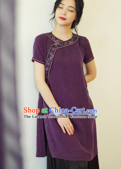 China Tang Suit Embroidered Shirt National Women Clothing Classical Purple Silk Short Sleeve Blouse