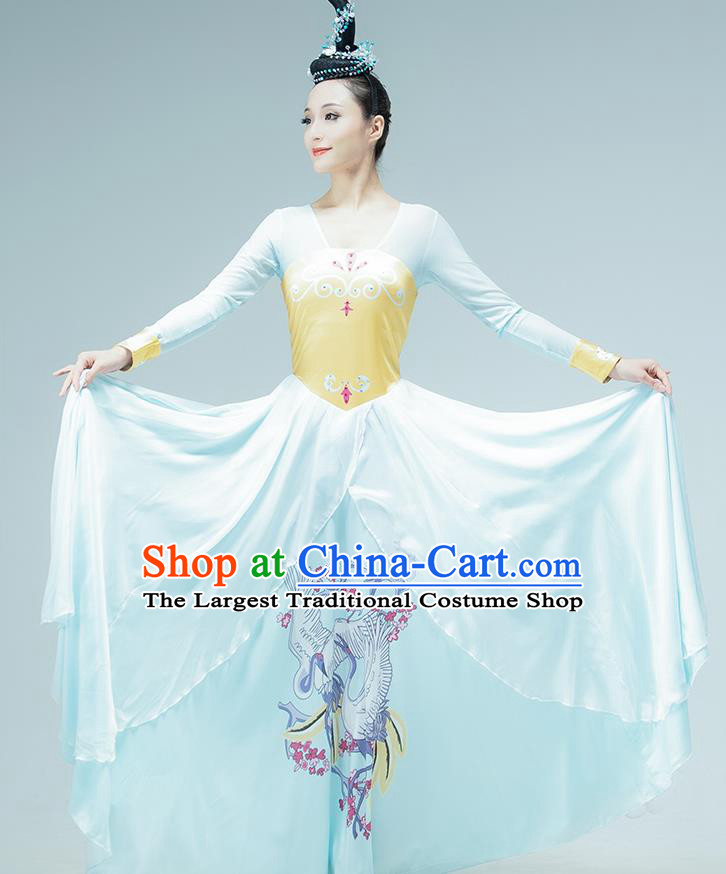 Chinese Fan Dance Printing Blue Outfits Classical Dance Stage Performance Clothing