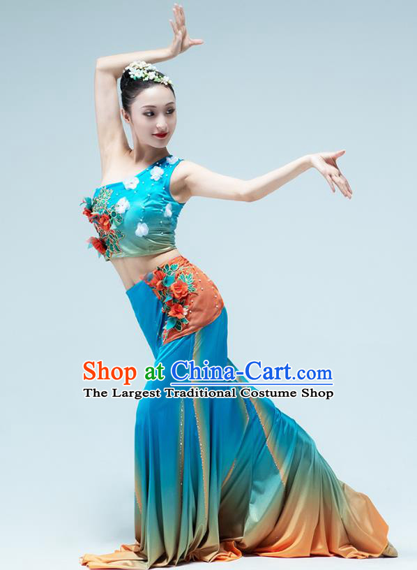 Chinese Traditional Dai Nationality Peacock Dance Blue Dress Outfits Yunnan Ethnic Performance Clothing