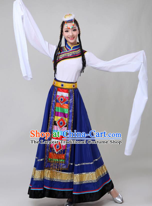 Chinese Traditional Xizang Tibetan Ethnic Folk Dance Royalblue Dress Zang Nationality Water Sleeve Dance Clothing