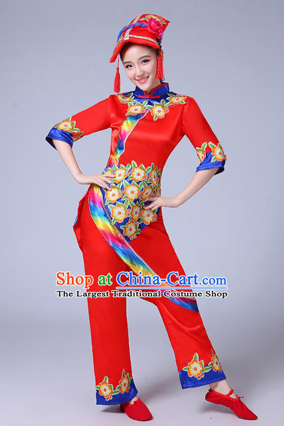 Chinese Yi Ethnic Folk Dance Red Outfits Traditional Nationality Folk Dance Clothing