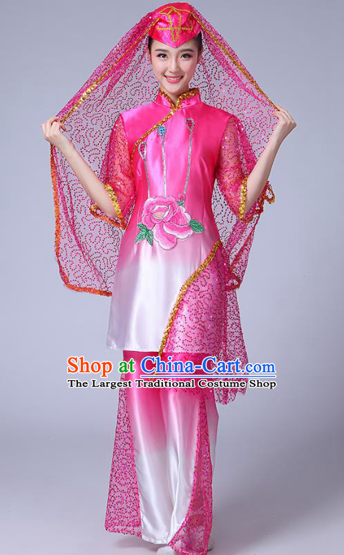 Chinese Traditional Hui Nationality Bride Dance Clothing Ningxia Ethnic Folk Dance Pink Outfits