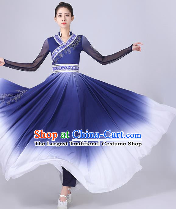 Chinese Mongolian Ethnic Folk Dance Clothing Traditional Mongol Nationality Stage Performance Blue Dress