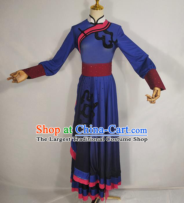 Chinese Mongol Ethnic Folk Dance Clothing Traditional Mongolian Nationality Deep Blue Dress Outfits