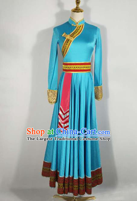 Chinese Traditional Mongol Nationality Dance Blue Dress Mongolian Ethnic Stage Performance Clothing