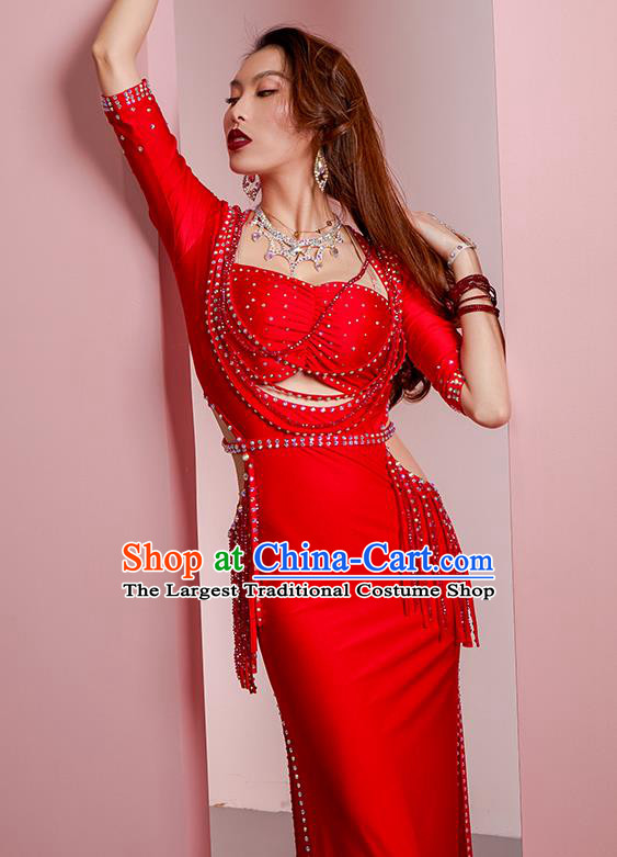 Asian Oriental Dance Raks Sharki Red Robe Outfits Professional Indian Belly Dance Training Clothing