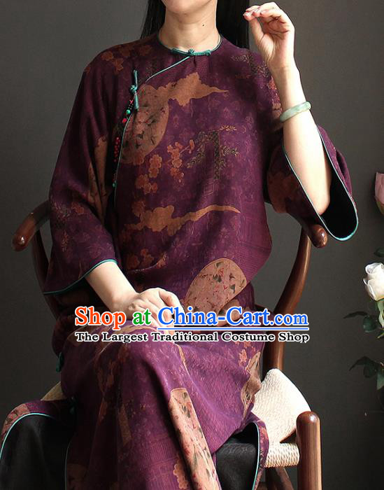 China Classical Cheongsam National Women Clothing Purple Silk Wide Sleeve Qipao Dress