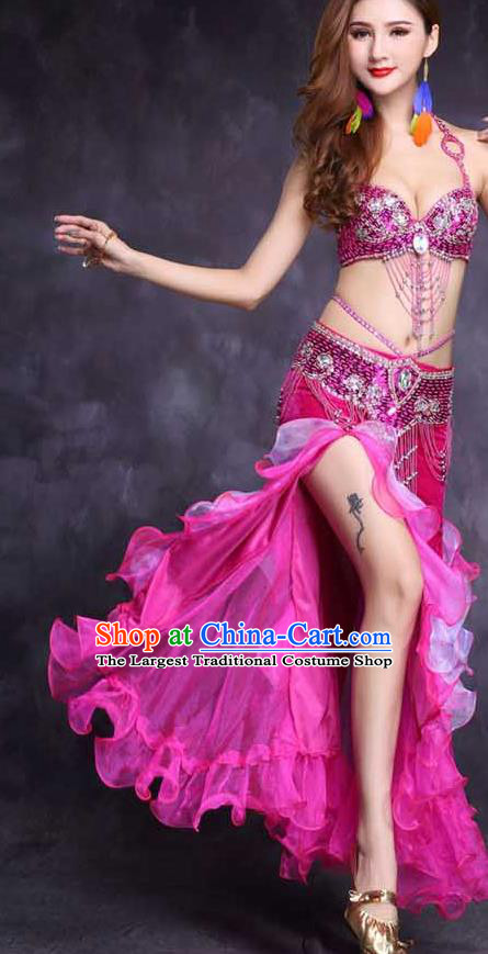 India Female Oriental Dance Stage Performance Clothing High Indian Belly Dance Diamante Rosy Bra Outfits