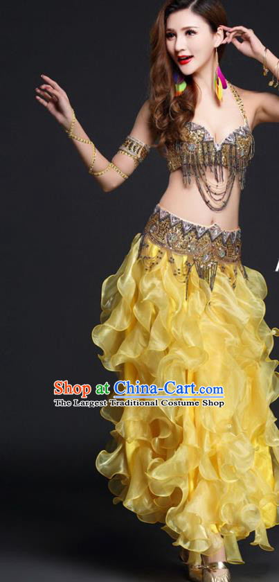 Asian India Oriental Dance Clothing Indian Belly Dance Competition Beads Tassel Bra and Yellow Skirt Outfits