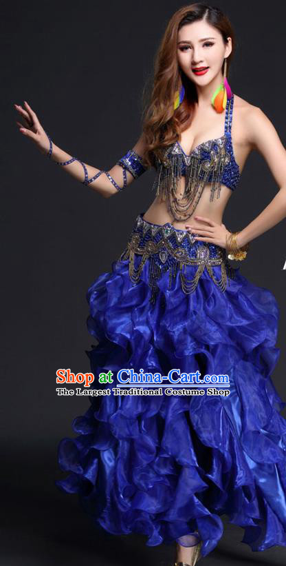 Asian India Dance Stage Performance Clothing Indian Traditional Belly Dance Beads Tassel Bra and Royalblue Skirt Outfits