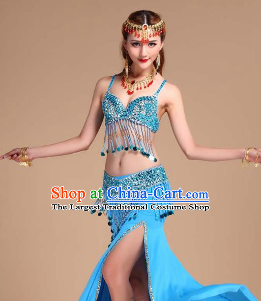 Indian Oriental Dance Belly Dance Sequins Tassel Bra and Blue Skirt Uniforms Asian India Raks Sharki Clothing