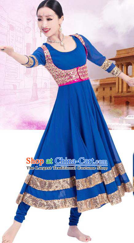 Asian India Folk Dance Training Costumes Indian Bollywood Performance Royalblue Anarkali Dress and Vest