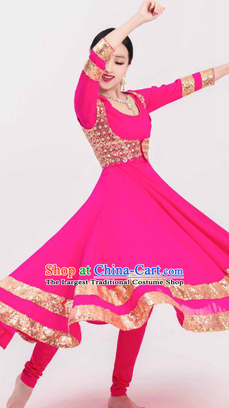 Indian Bollywood Performance Rosy Anarkali Dress and Vest Asian India Folk Dance Training Costumes