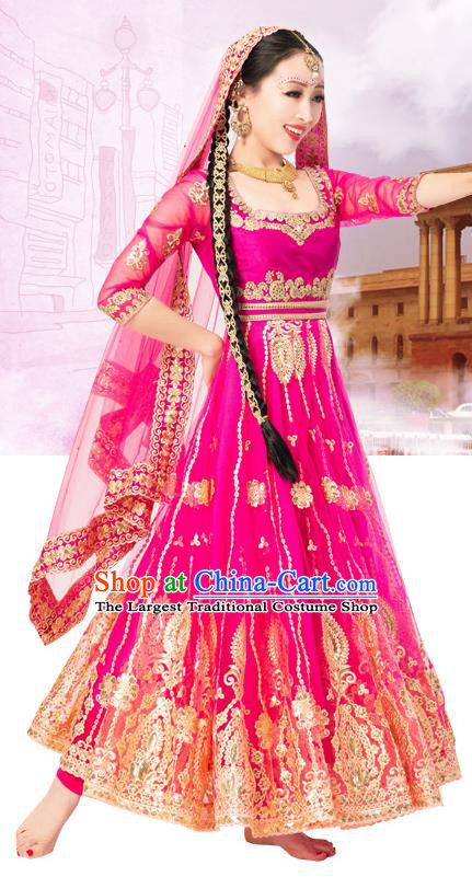 Asian India Court Princess Dance Costumes Indian Bollywood Performance Embroidered Rosy Anarkali Dress