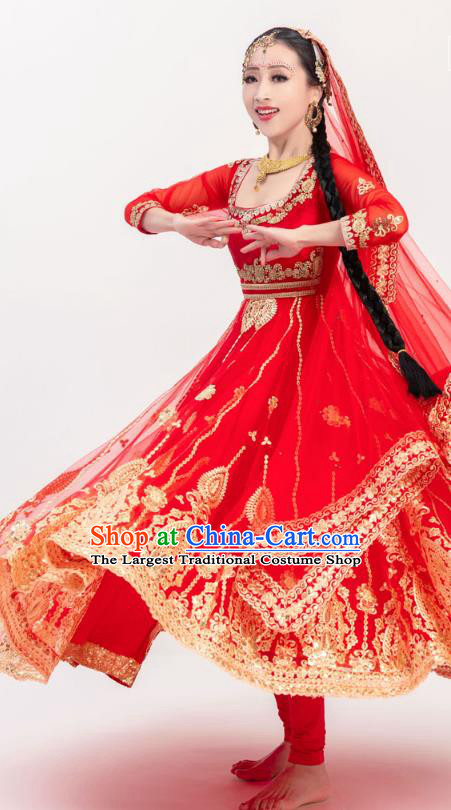 Asian India Court Wedding Embroidered Costumes Indian Bollywood Performance Red Anarkali Dress